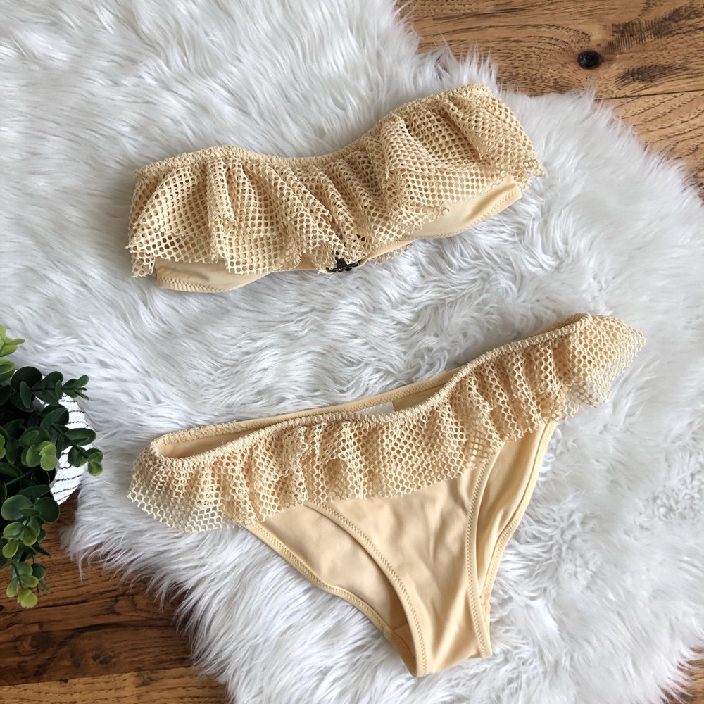 Ruffled Yellow Bandeau Bikini Swim Suit Ba…